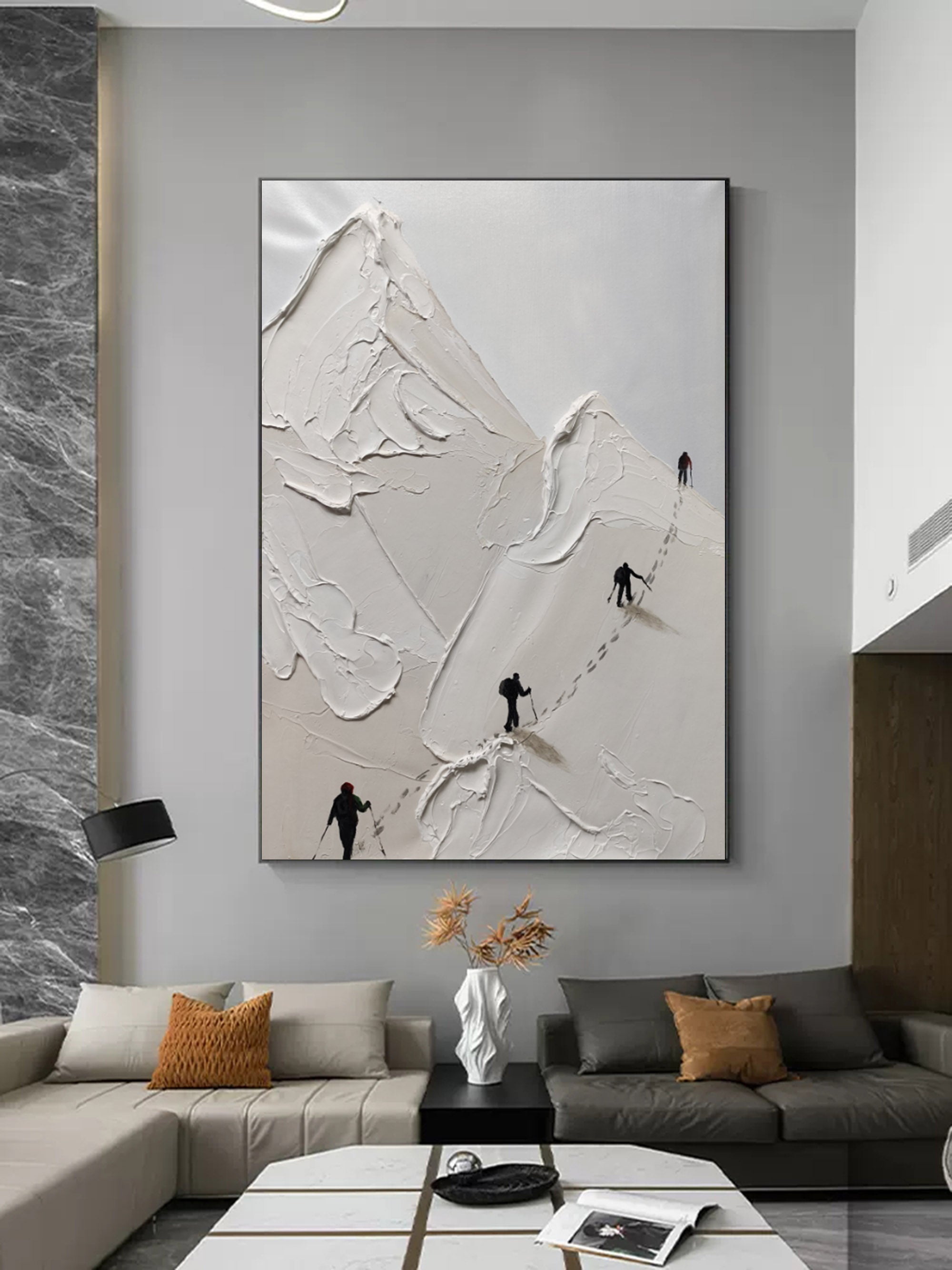 3D plaster relief mountain wall art with adventure details styling an elegant modern dining room wall