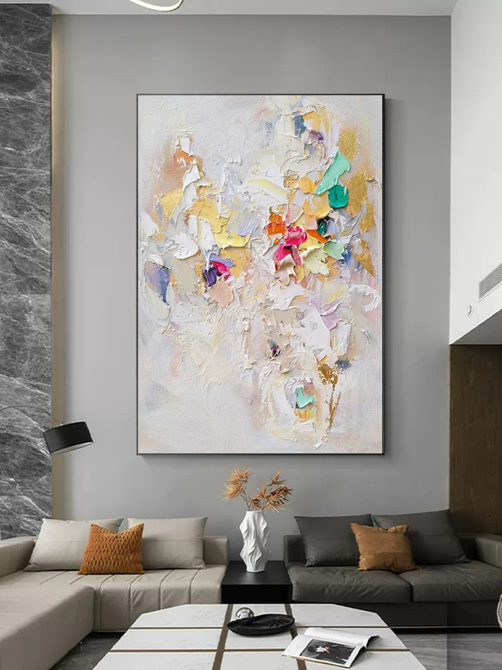 Elegant gold foil abstract impasto wall art displayed in a contemporary dining room next to minimalist gallery decor