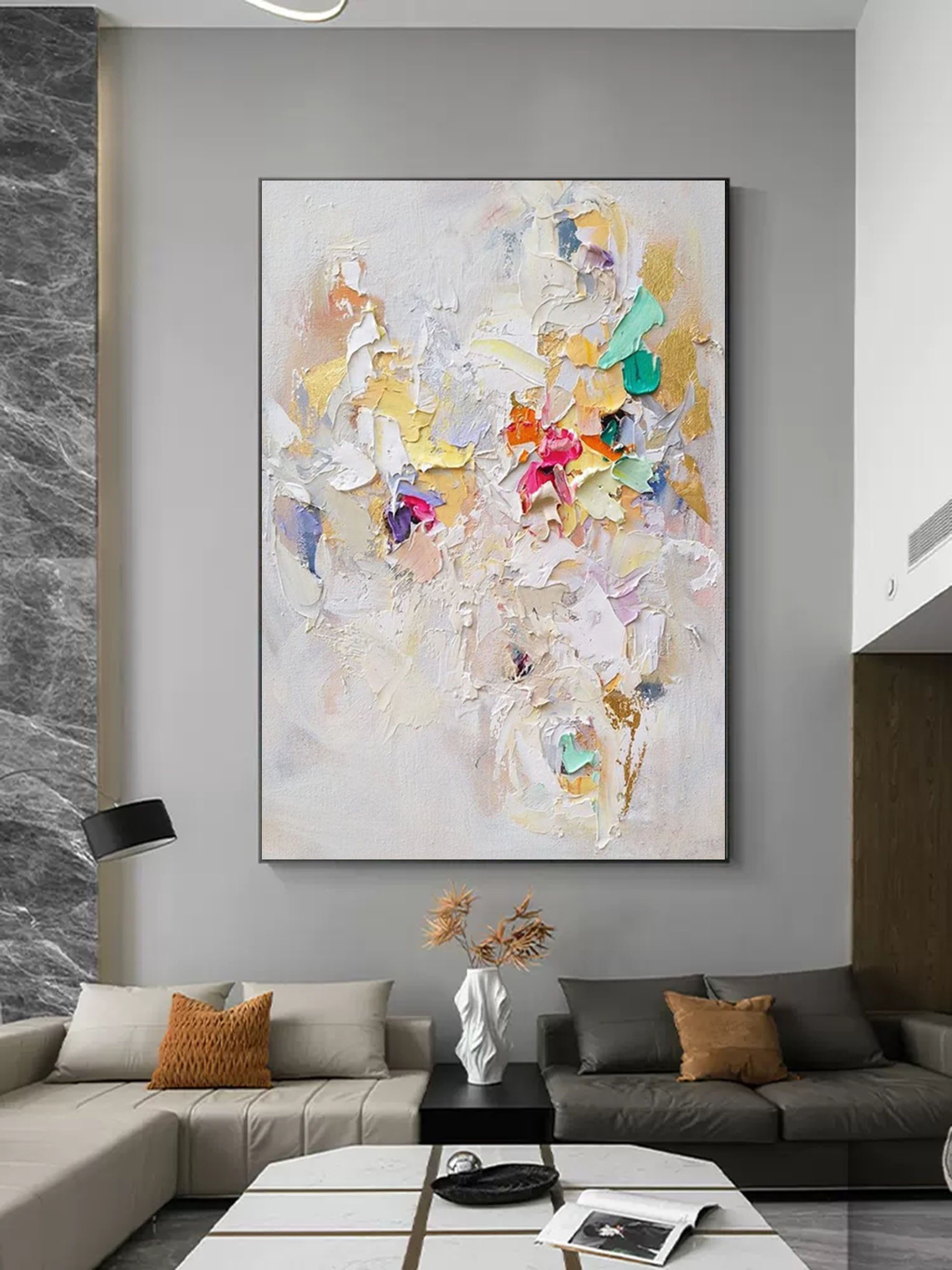 Elegant gold foil abstract impasto wall art displayed in a contemporary dining room next to minimalist gallery decor