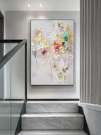 Close-up macro detail of the handcrafted thick plaster brushstrokes and metallic gold leaf texture on the Vivid art piece