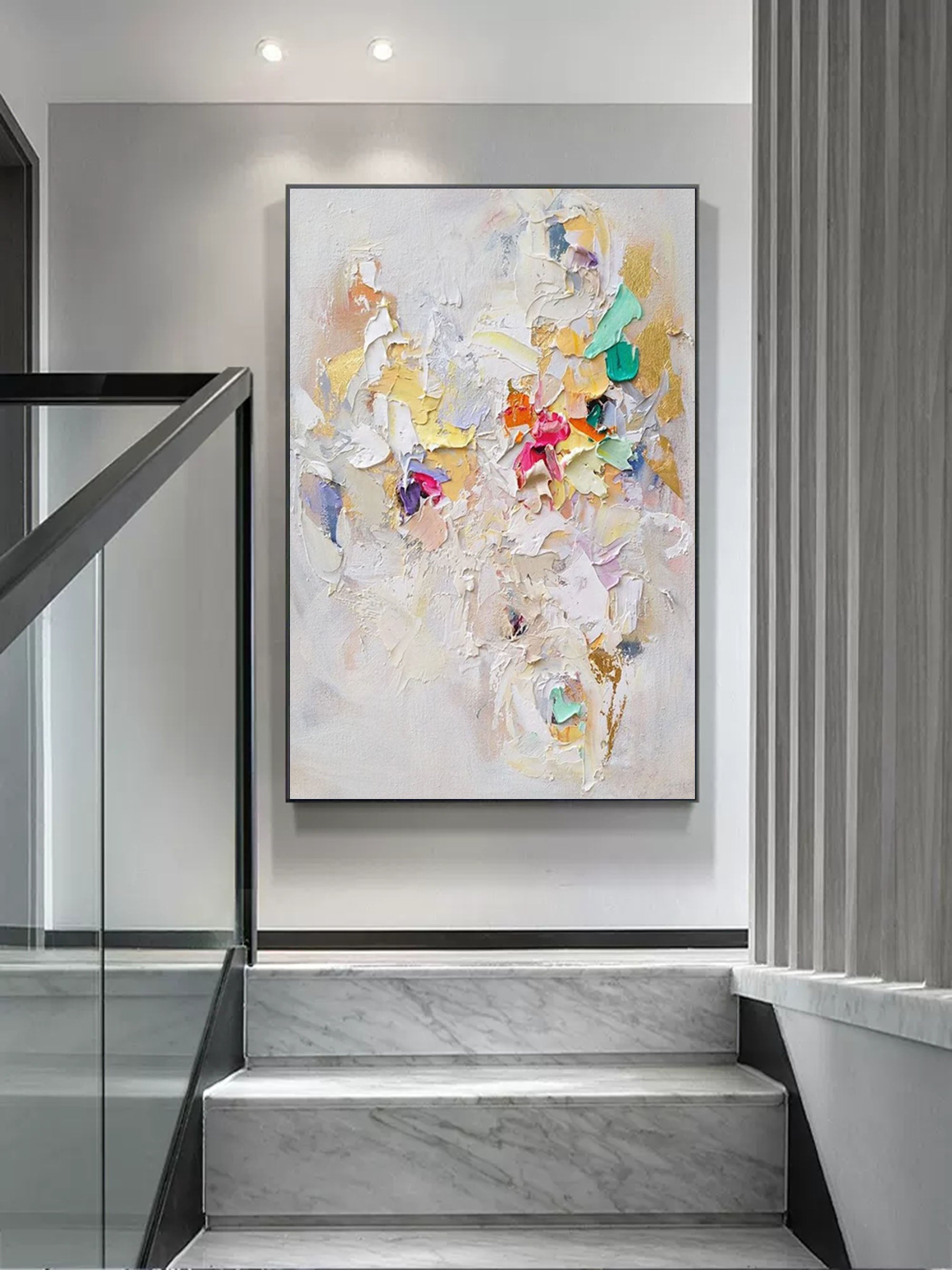 Close-up macro detail of the handcrafted thick plaster brushstrokes and metallic gold leaf texture on the Vivid art piece