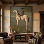 Wanderer olive green abstract horse textured wall art revealing a rustic equestrian figure canvas by Parge Art.