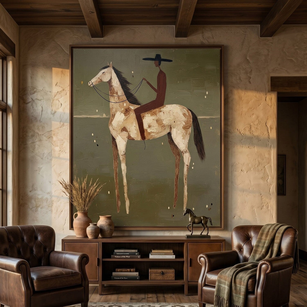Wanderer olive green abstract horse textured wall art revealing a rustic equestrian figure canvas by Parge Art.