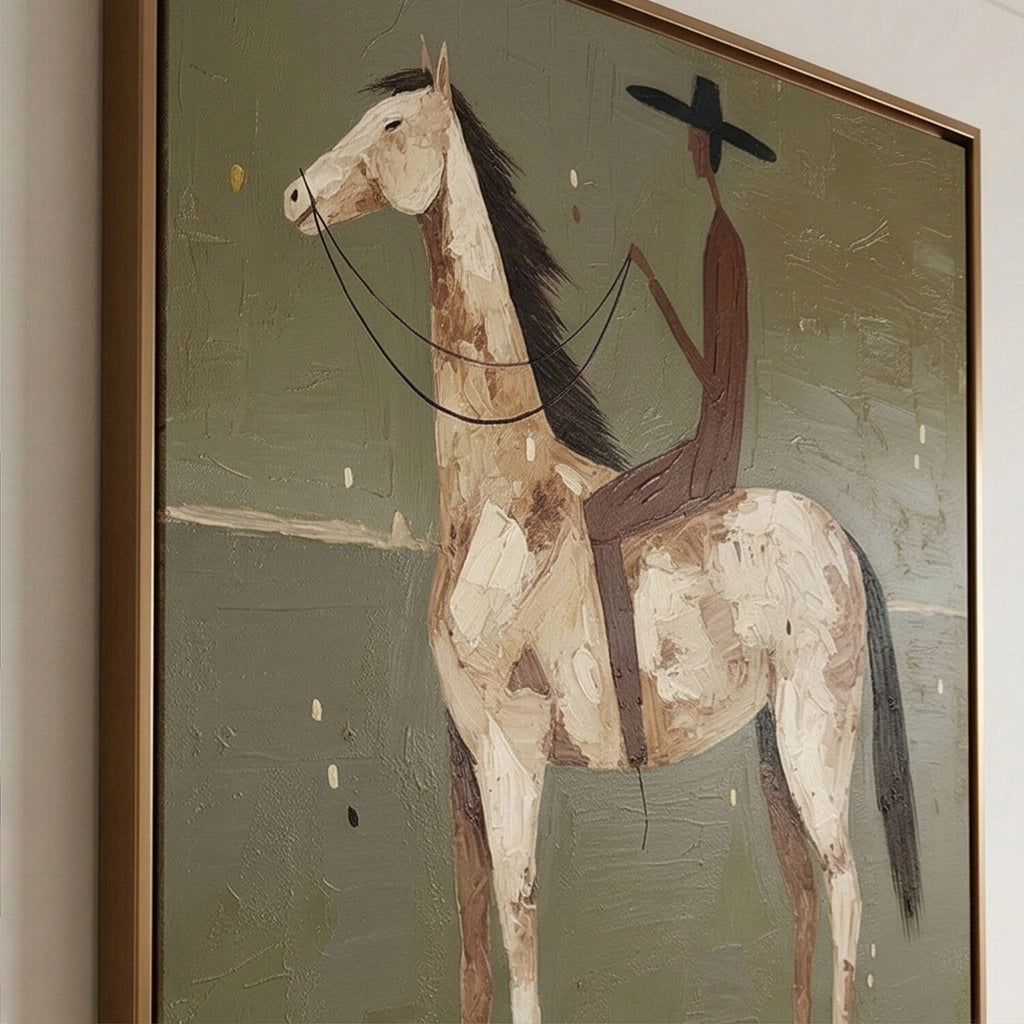 Large earthy green impasto horse painting effortlessly completing a rustic farmhouse living room over a leather couch.