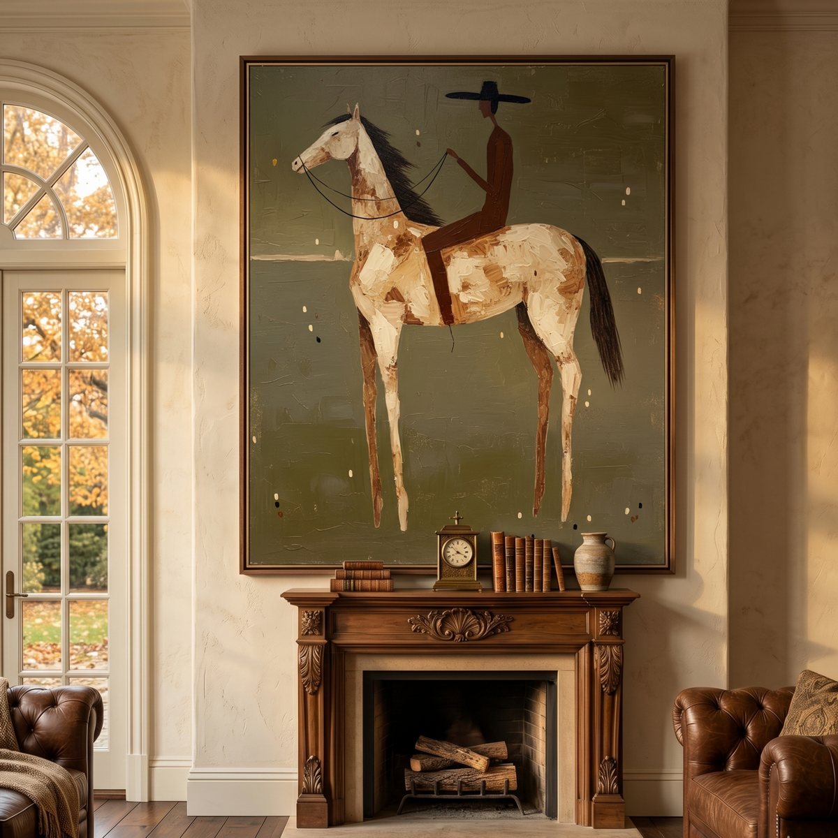 Oversized 3D textured equestrian artwork creating a warm focal point above a dark wood console table in an entryway.