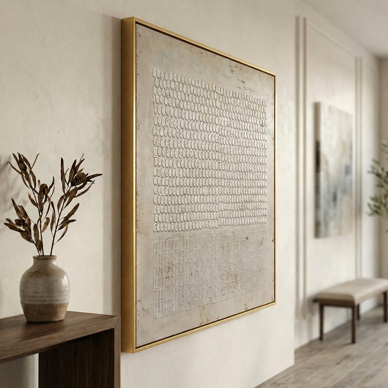 Japandi living room styled with Origin textured wall art and modern minimalist neutral interior decor