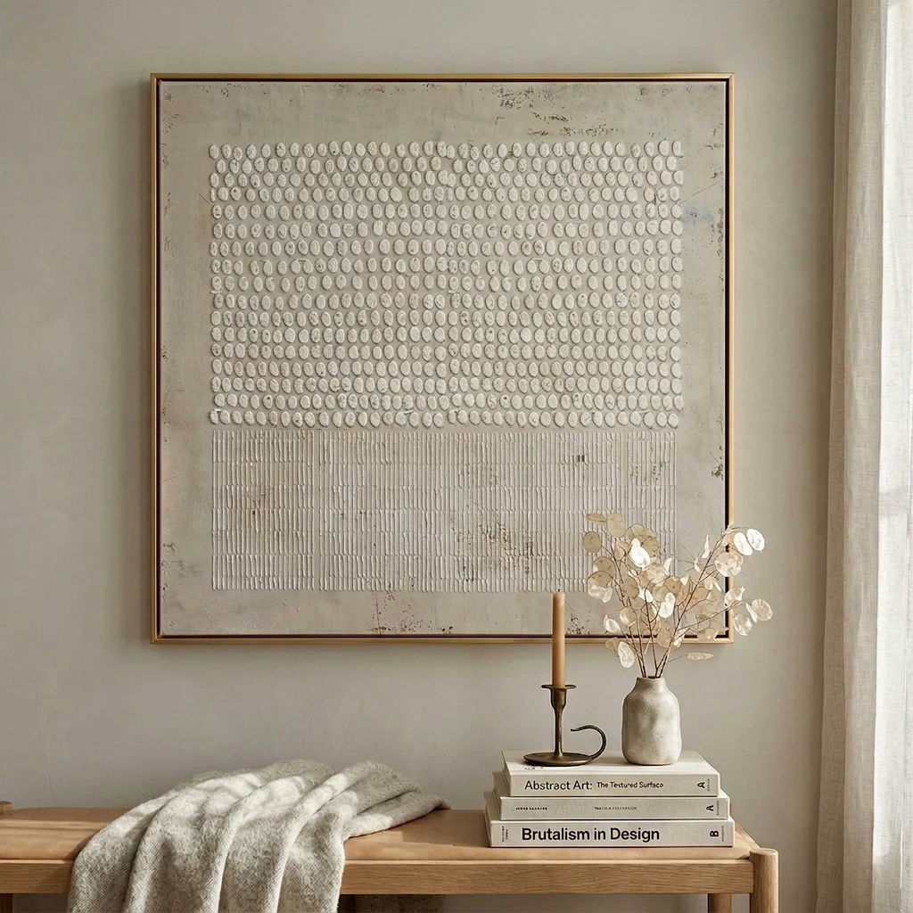 Close-up detail of handcrafted plaster texture in Origin Wabi-Sabi wall art showing organic surface patterns