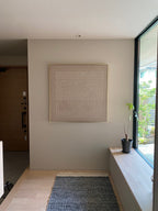 Serene bedroom with Origin Wabi-Sabi plaster wall art creating calm minimalist atmosphere