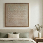 Serene bedroom with Origin Wabi-Sabi plaster wall art creating calm minimalist atmosphere