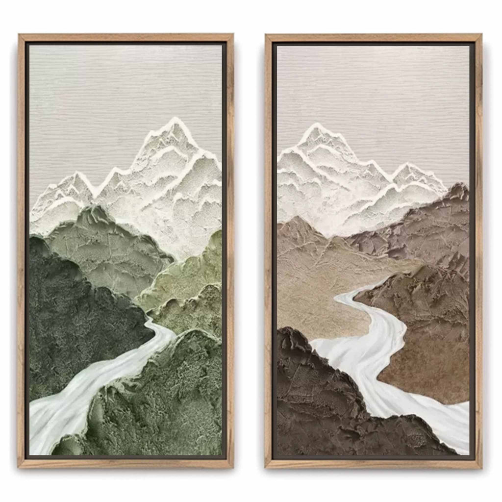 Terrain plaster textured wall art set of 2 showing a multi-panel green and brown mountain canvas design by Parge Art.