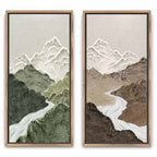 Terrain plaster textured wall art set of 2 showing a multi-panel green and brown mountain canvas design by Parge Art.