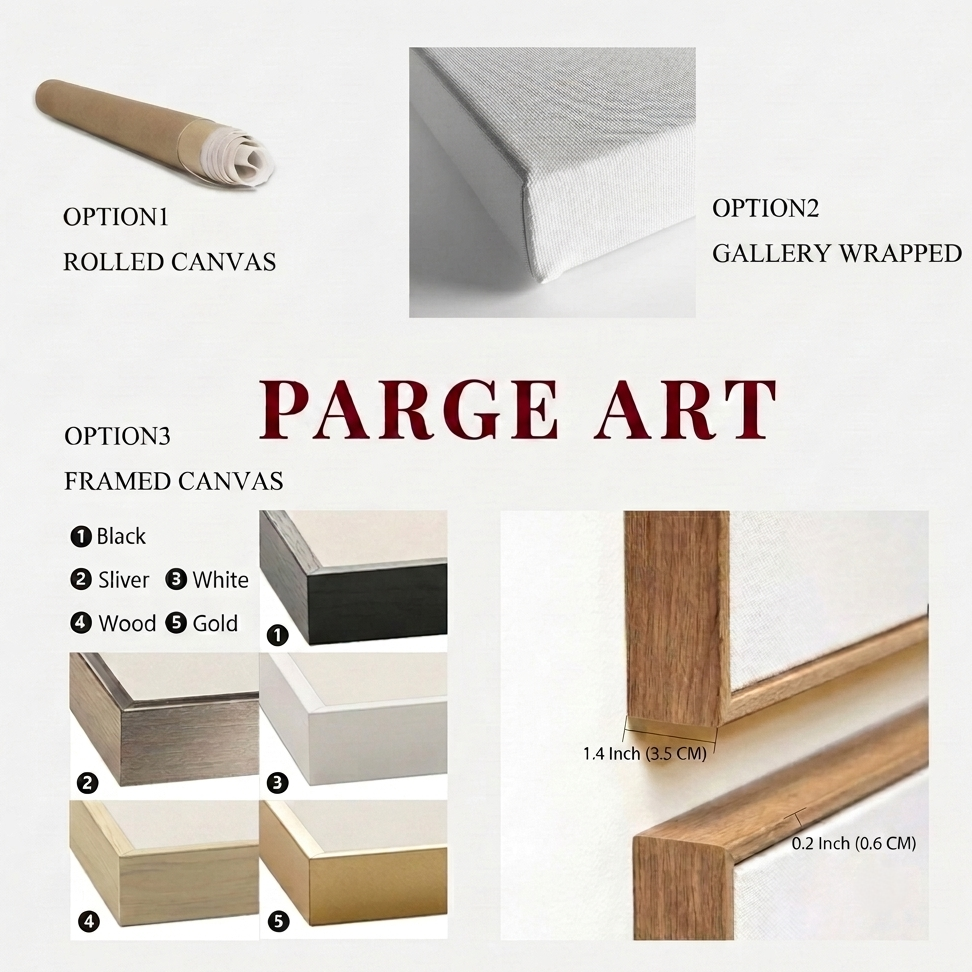Parge Art 3D textured canvas art framing options including Option 1 Rolled Canvas, Option 2 Gallery Wrapped, and Option 3 Framed Canvas featuring 5 frame colors (black, silver, white, wood, gold) and 1.4-inch depth specifications.