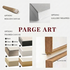 Parge Art 3D textured canvas art framing options including Option 1 Rolled Canvas, Option 2 Gallery Wrapped, and Option 3 Framed Canvas featuring 5 frame colors (black, silver, white, wood, gold) and 1.4-inch depth specifications.