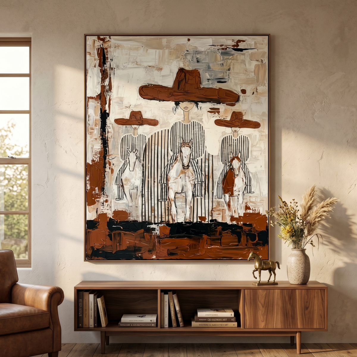Nomad western cowboy plaster wall art featuring equestrian figures in wide brim hats with heavy texture by Parge Art.