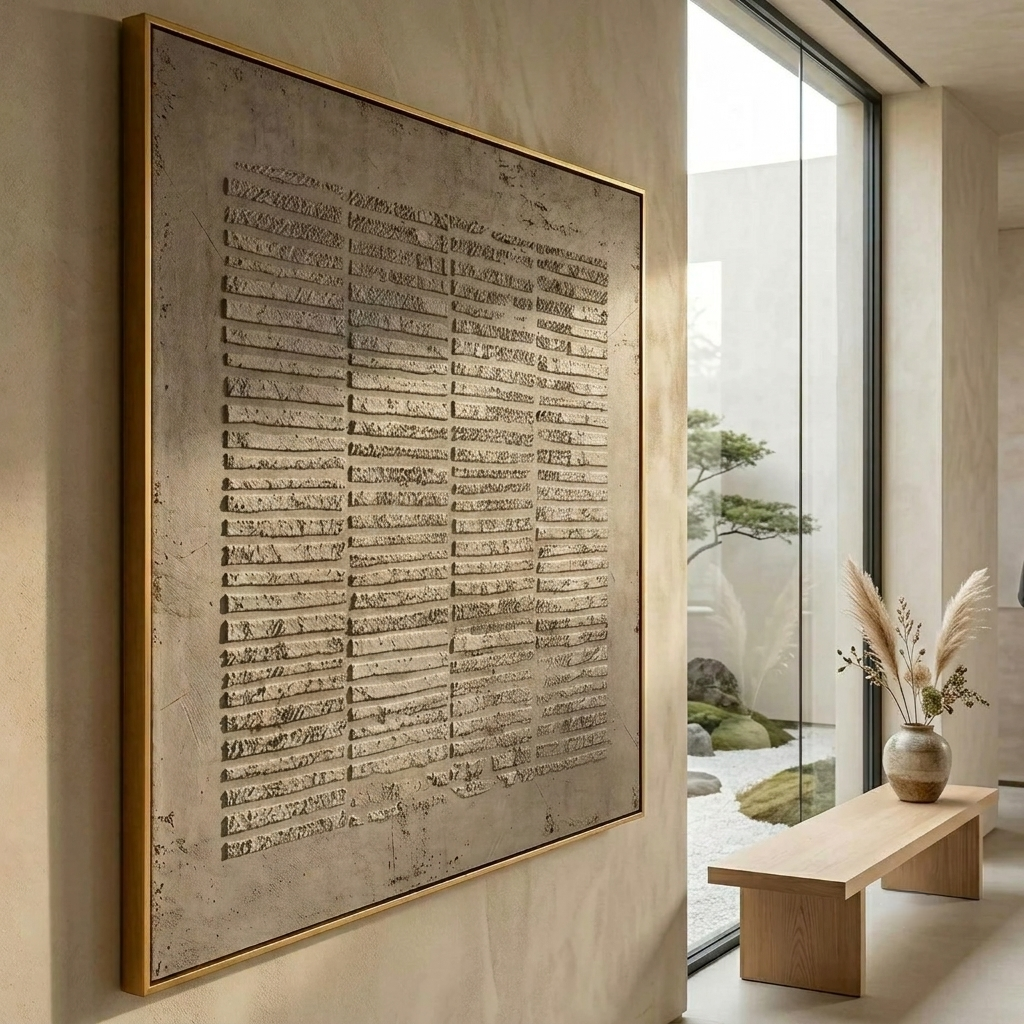 Minimalist textured canvas art piece styling above a cream fabric sofa in a modern luxury living room