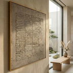 Minimalist textured canvas art piece styling above a cream fabric sofa in a modern luxury living room
