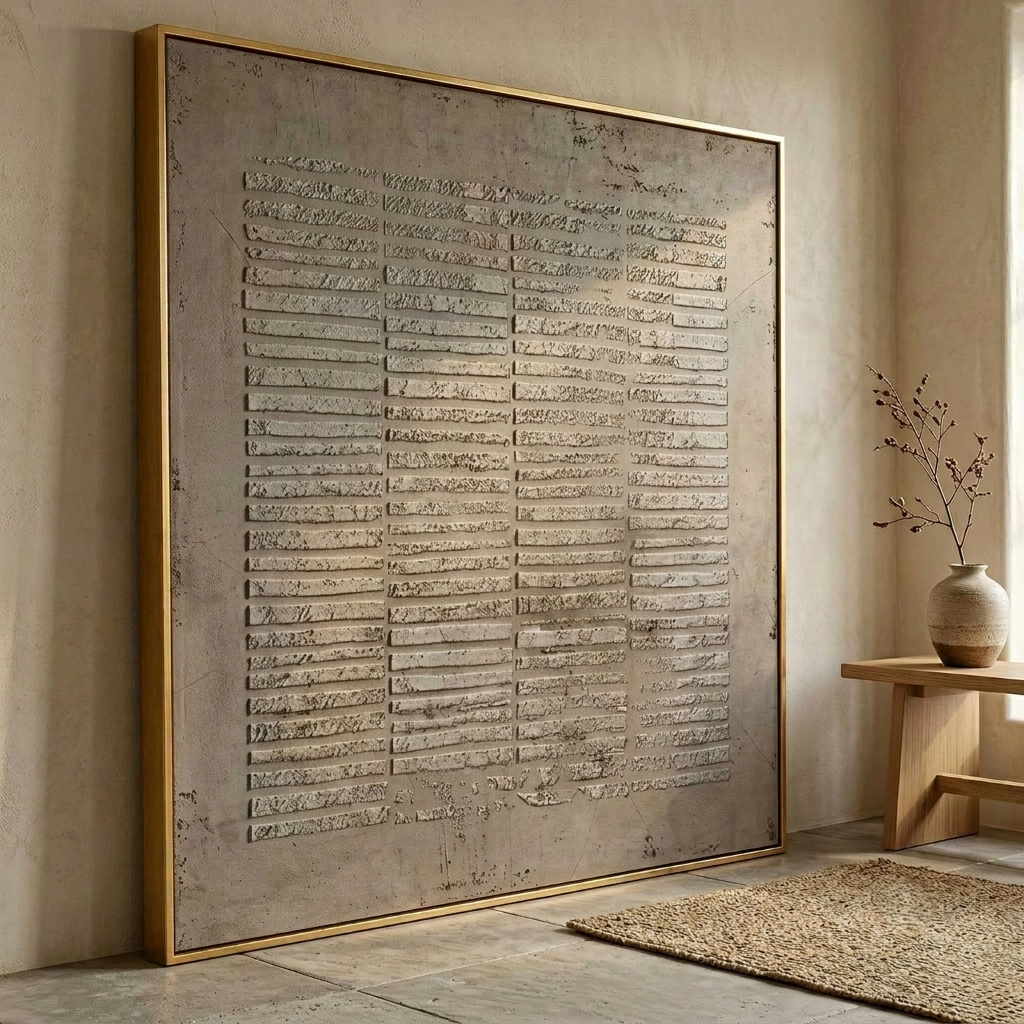 Large beige Japandi wall decor hanging over a bed in a serene mid-century modern bedroom