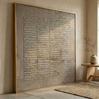 Large beige Japandi wall decor hanging over a bed in a serene mid-century modern bedroom