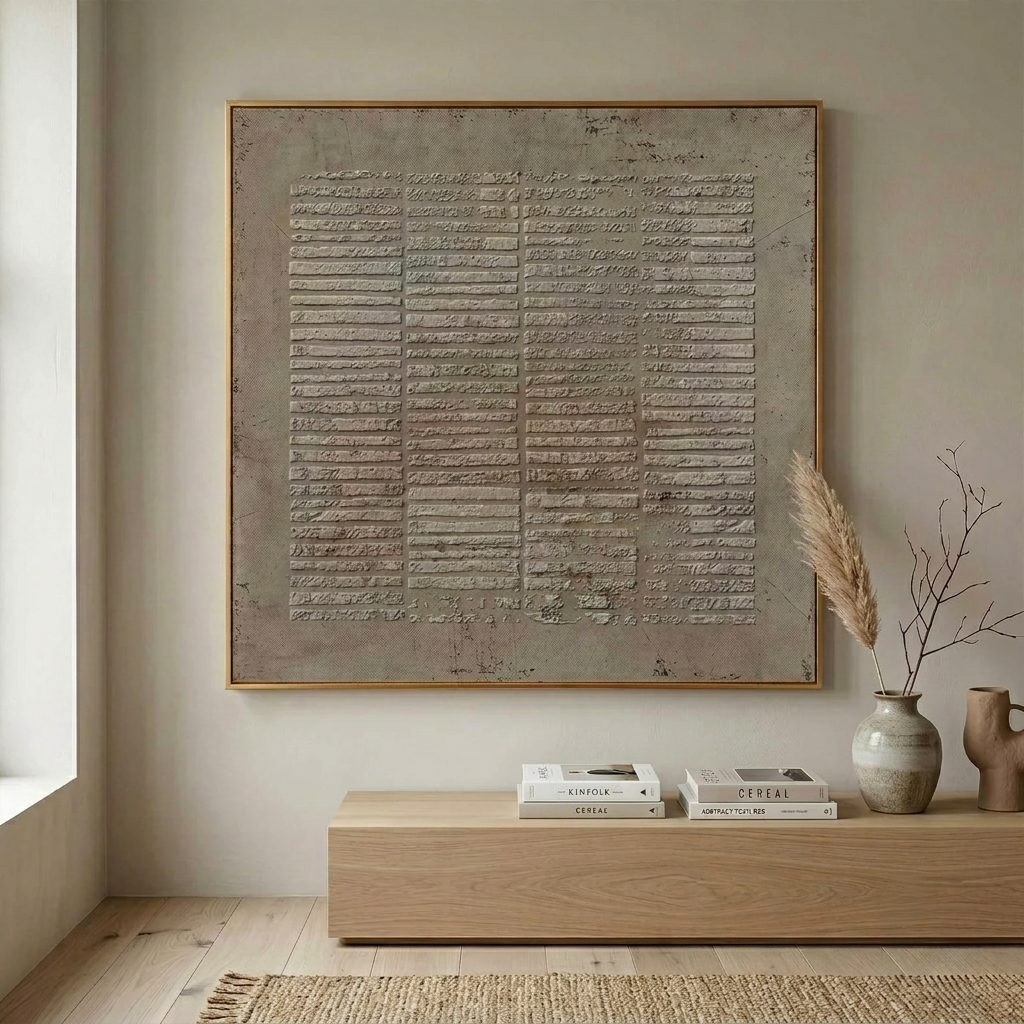Abstract 3D plaster relief painting displayed on an entryway wall with warm ambient lighting