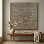 Square minimalist neutral color wall hanging styled in a contemporary high-end dining room