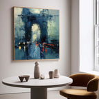 Detailed macro view showcasing the artisan plaster brushstrokes and thick 3D knife paint layers on the fine art piece