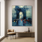 Large abstract cityscape canvas painting perfectly styled above a comfortable sofa in a sunlit modern living room