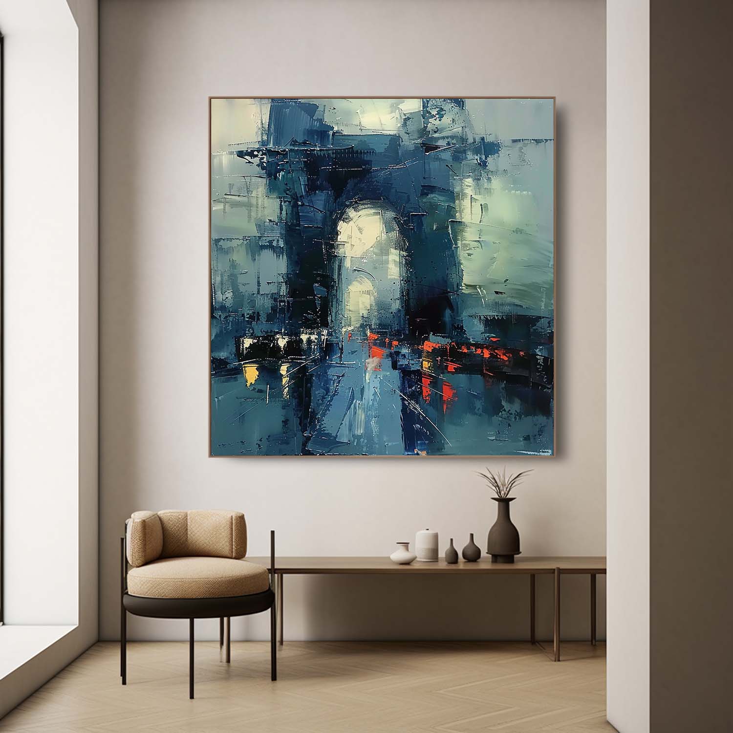 Large abstract cityscape canvas painting perfectly styled above a comfortable sofa in a sunlit modern living room