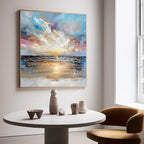 Eye-catching abstract sunset seascape impasto artwork creating an elegant statement wall over a master bed setup