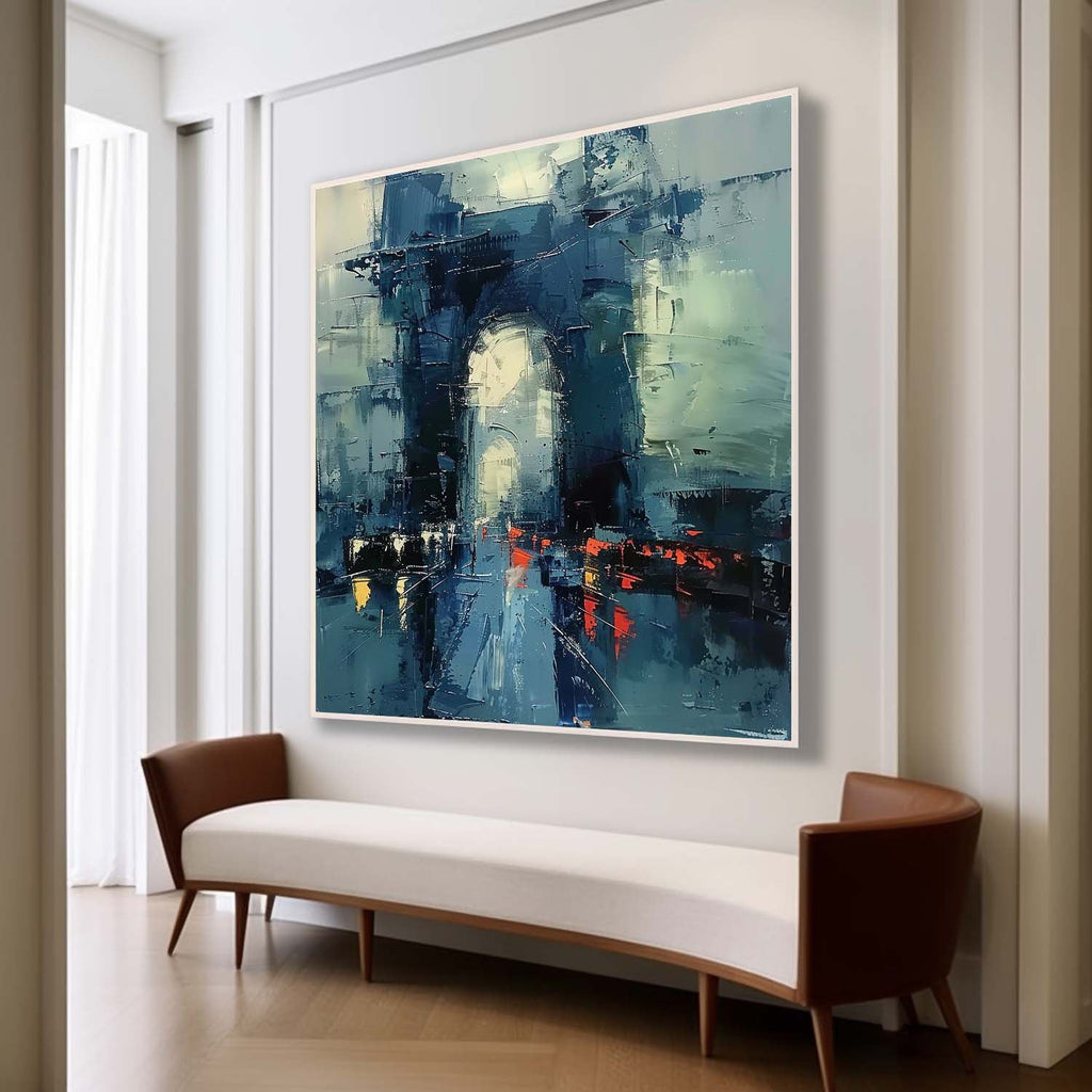 Eye-catching abstract geometric impasto artwork creating an elegant statement wall over a master bed setup