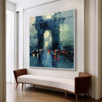 Eye-catching abstract geometric impasto artwork creating an elegant statement wall over a master bed setup