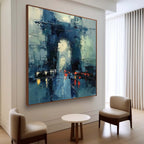 Contemporary bright abstract oil artwork mounted as a stunning focal point in a minimalist entryway with gallery lighting