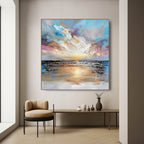 Mist multi-colored heavy texture plaster relief painting beautifully displayed in an upscale dining space near the table