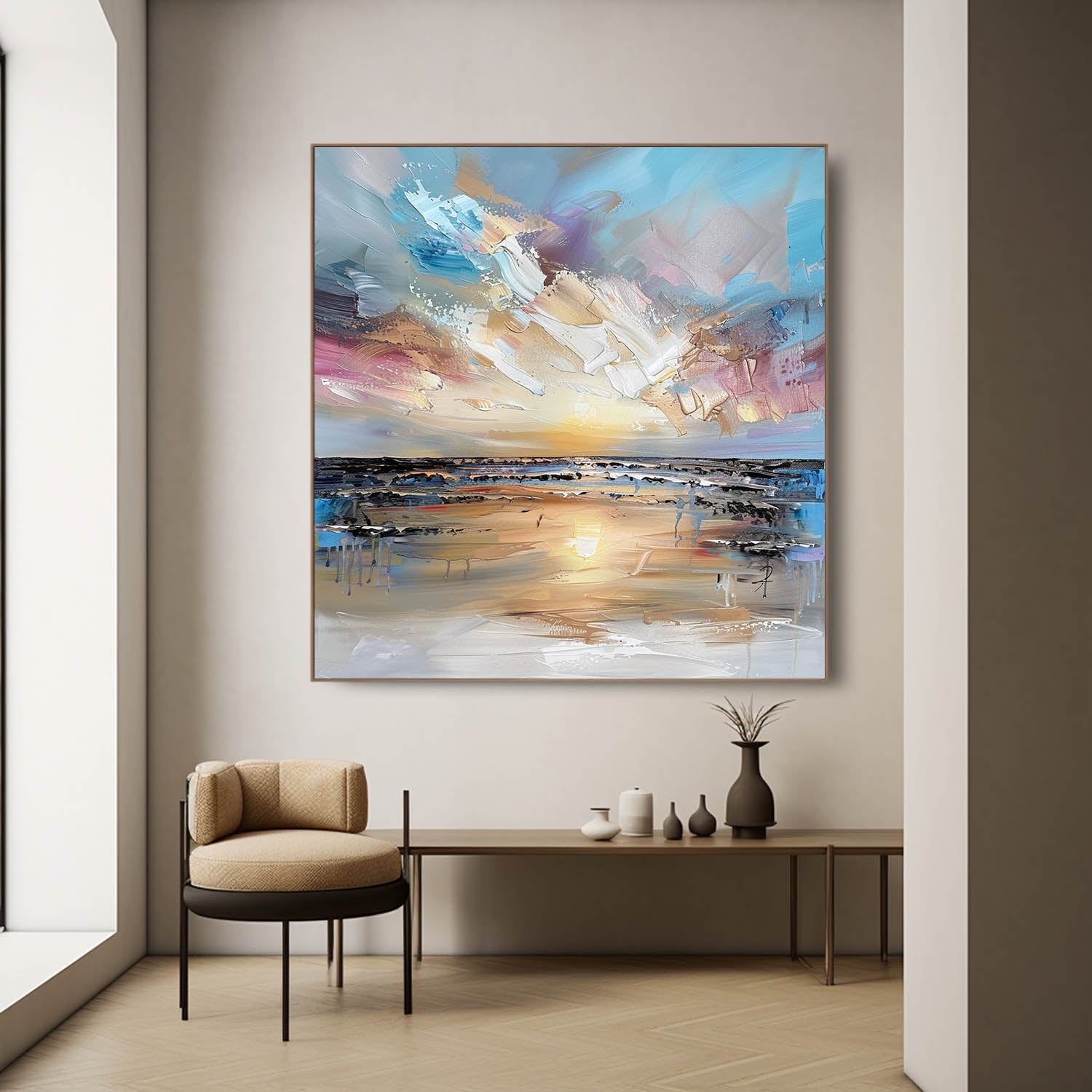 Mist multi-colored heavy texture plaster relief painting beautifully displayed in an upscale dining space near the table