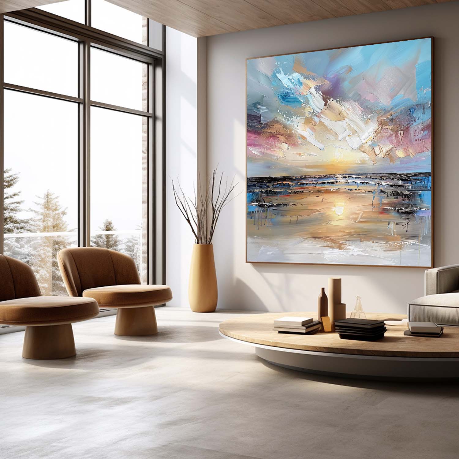 Detailed macro view showcasing the artisan plaster brushstrokes and thick 3D knife paint layers on the fine art piece