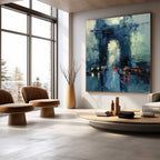Avenue multi-colored heavy texture plaster relief painting beautifully displayed in an upscale dining space near the table