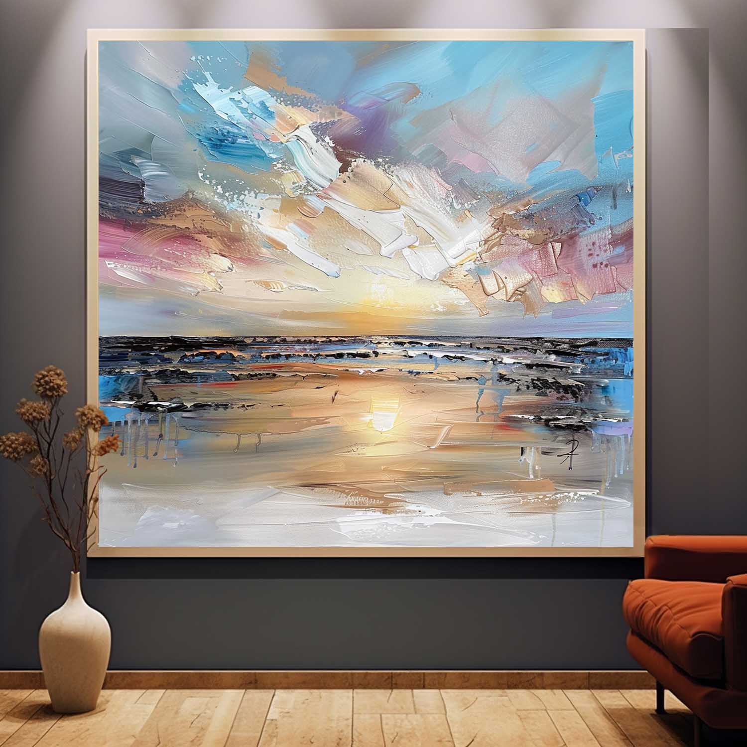Contemporary bright abstract Plaster textureartwork mounted as a stunning focal point in a minimalist entryway with gallery lighting