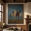 Voyagers Western cowboy figure canvas wall art featuring two abstract riders on horseback against a blue sunset sky