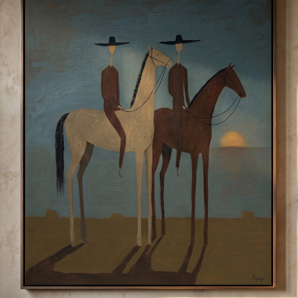 Moody Southwestern cowboy horseback canvas painting displayed above a dark brown leather sofa in a rustic living room
