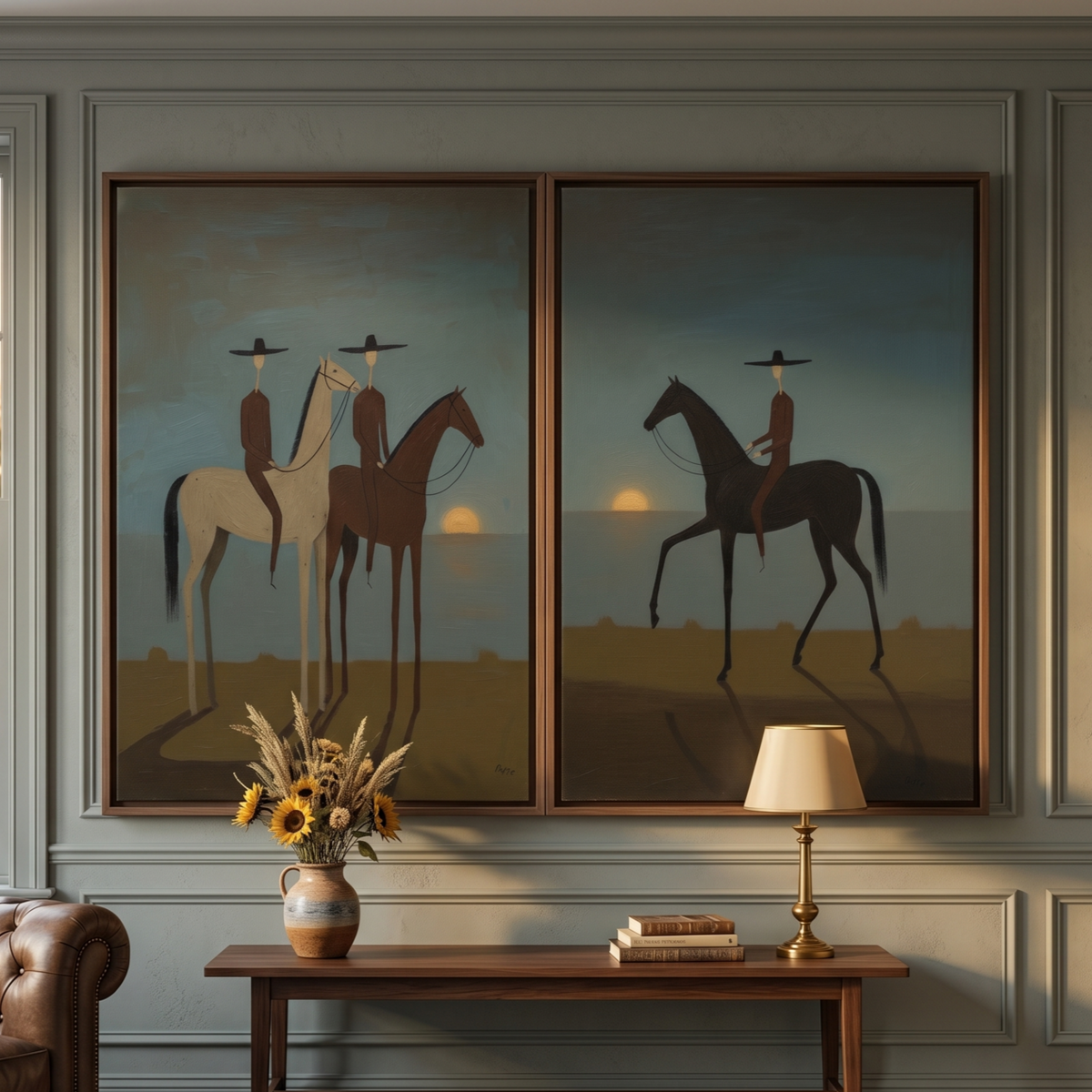 Voyagers Western cowboy plaster wall art set of 2 featuring equestrian figures at sunset on textured canvas