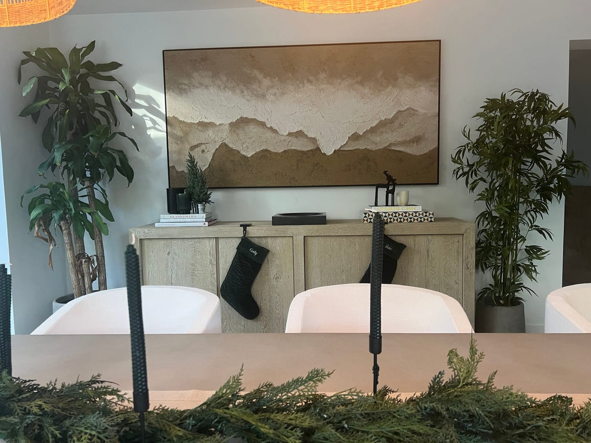 Contemporary minimalist nature inspired art piece enhancing a sleek, neutral toned dining room gallery wall.
