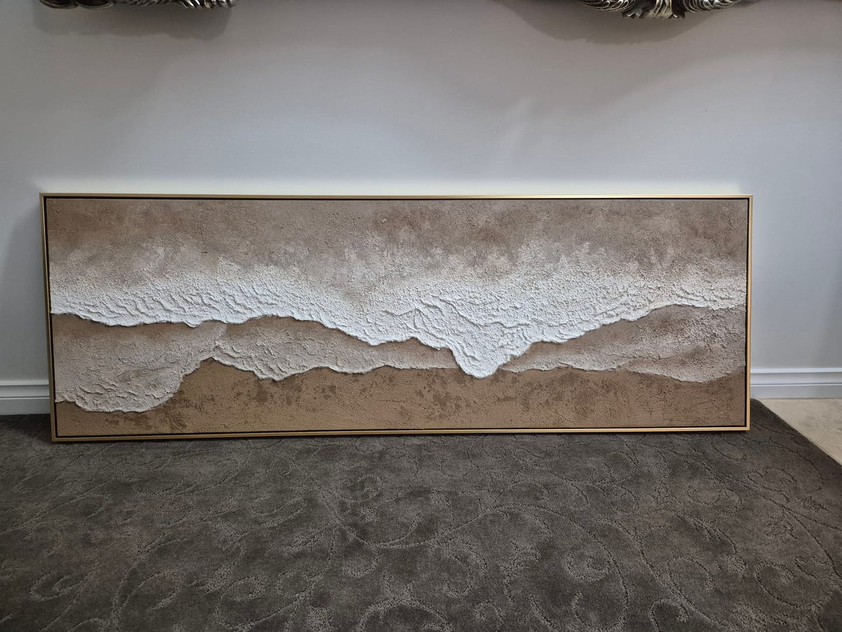 Modern beige and brown heavy-texture sea wave painting creating a serene aesthetic over a master living room.