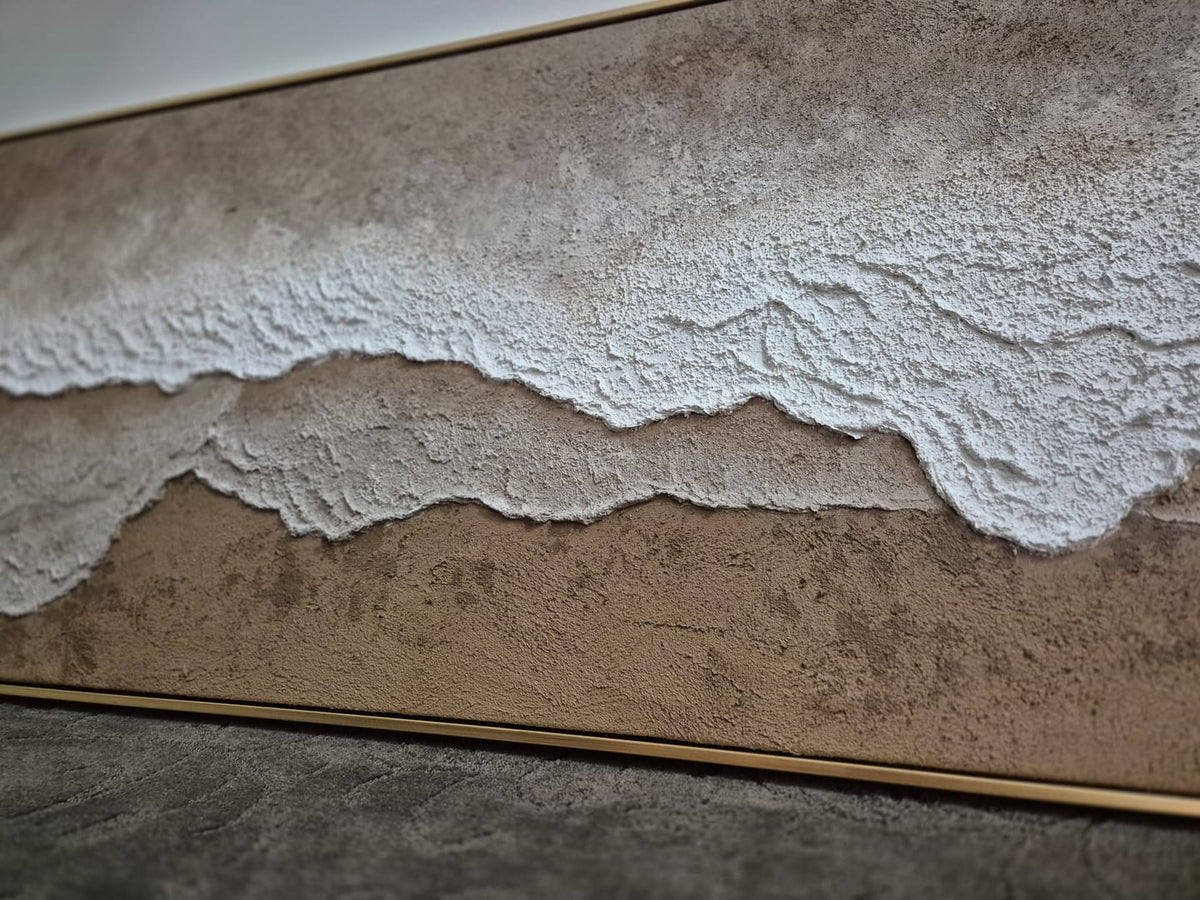 Close-up macro shot showing detailed 3D plaster wave crests and thick textured earth layers of Parge Art canvas.