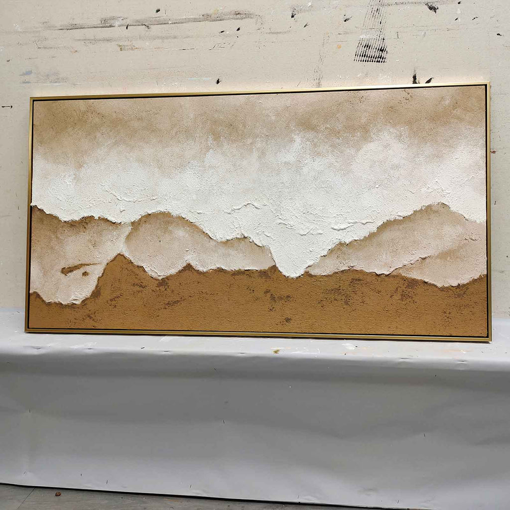 Sophisticated heavy textured panoramic coastal artwork adding calm inspiration and organic design to a home office.
