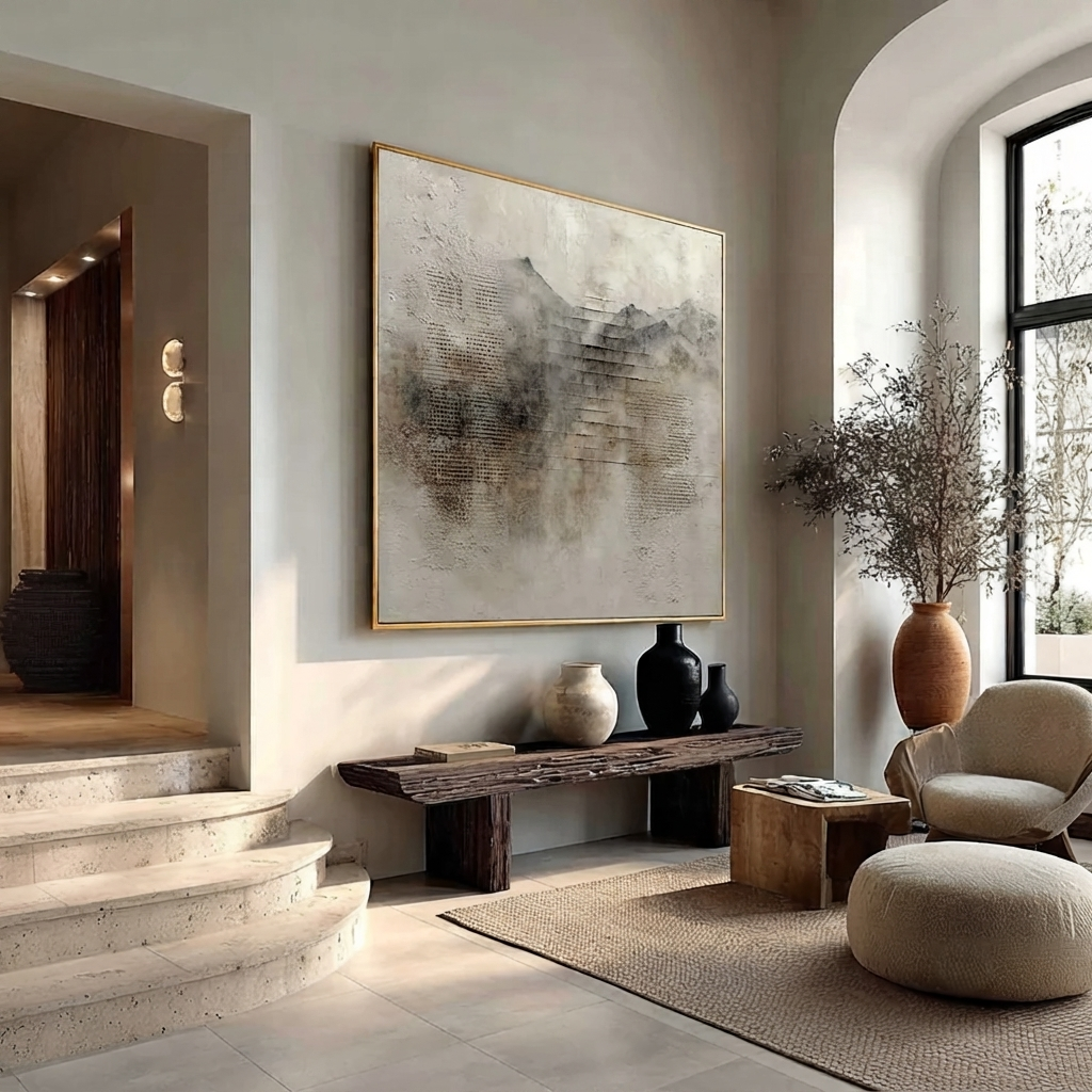 Oversized neutral abstract landscape painting with heavy plaster textures serving as a cozy focal point over a sofa.