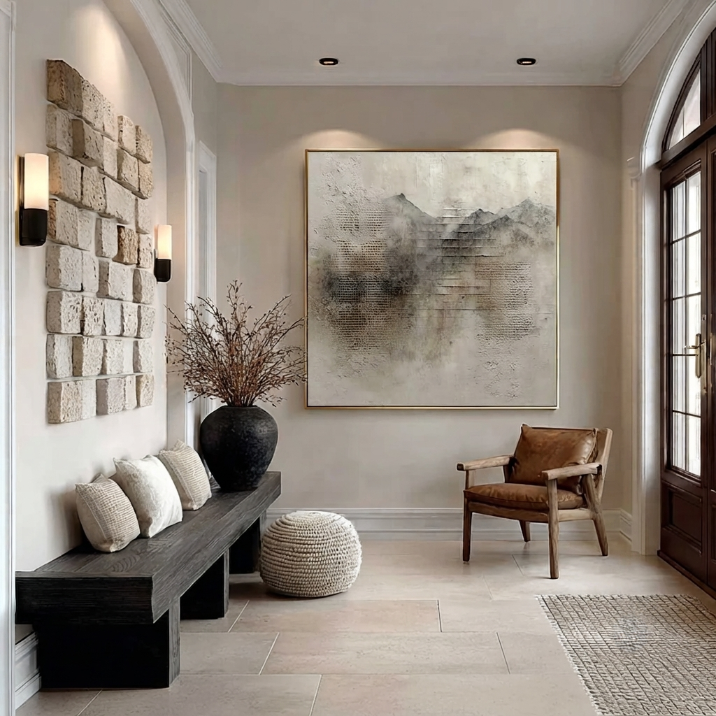 Horizontal earthy brown and cream canvas artwork elegantly staged in a transitional style master bedroom suite.