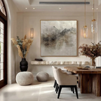 Minimalist 3D layered ridge design adding a sophisticated serene touch to a large open concept dining room wall.