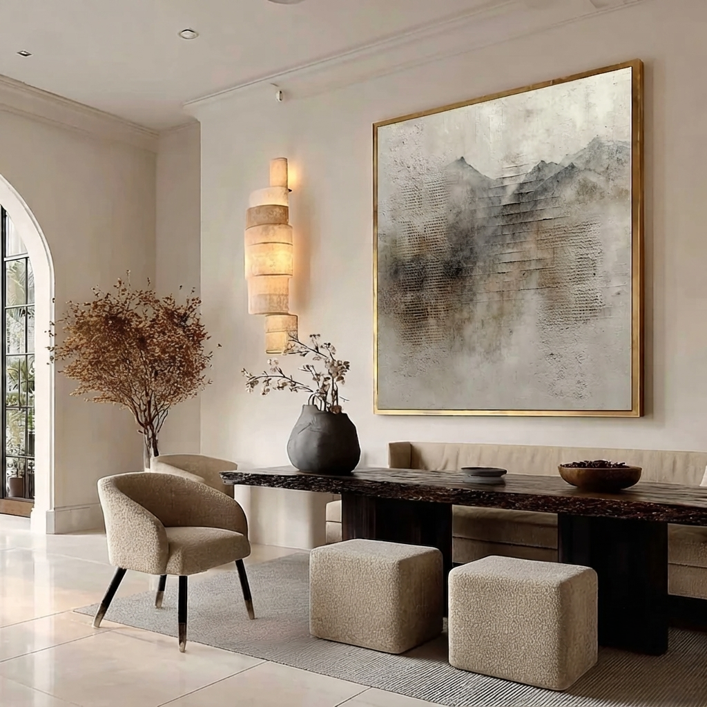 Extra wide geometric mountain-like textured art piece complementing upscale transitional home decor in an entryway.