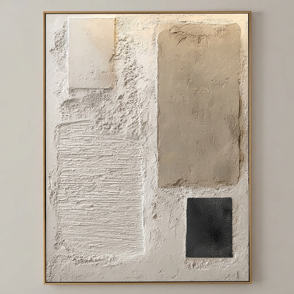 Parge Art Trace Wabi-Sabi textured wall art with minimalist plaster block shapes and gold frame