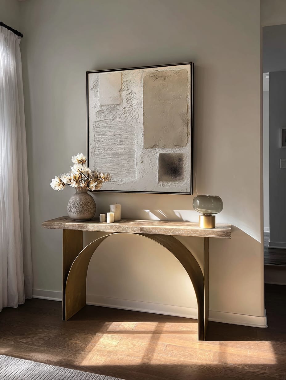 Framed hand-painted contemporary minimalist neutral wall decor styled in a luxury modern dining room