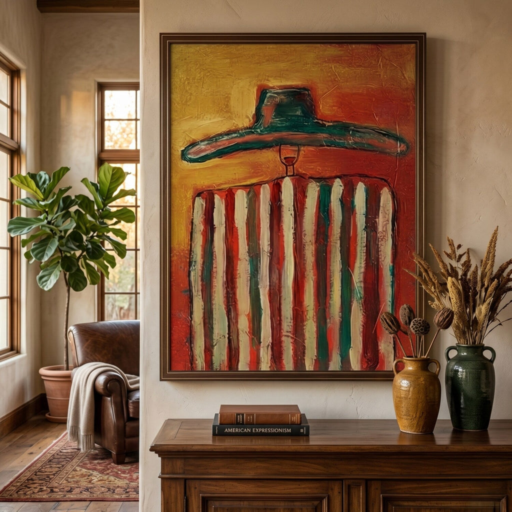 Bandito Western cowboy abstract plaster wall art featuring a vibrant figure with rich impasto oil texture